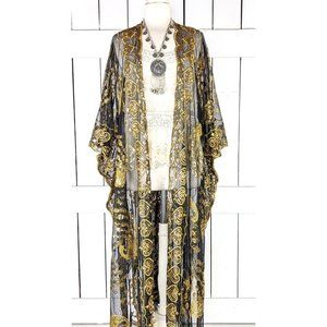 Gold black sheer peacock sequin maxi kimono cover up